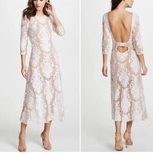 For Love And Lemons Nude and White Lace Maxi Dress with Mesh Overlay